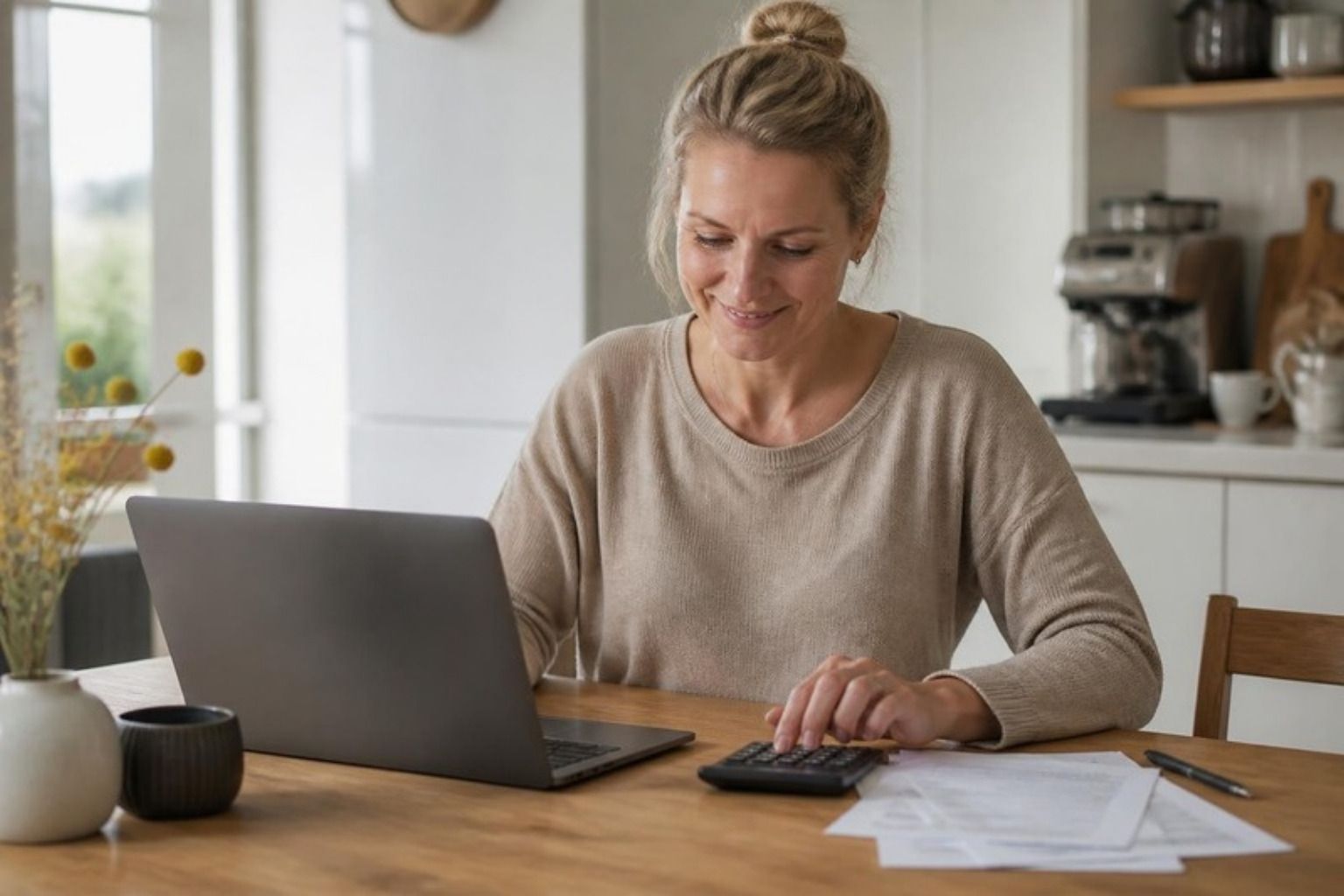 Smilende kvinde ved et køkkenbord med bærbar computer, lommeregner og regninger